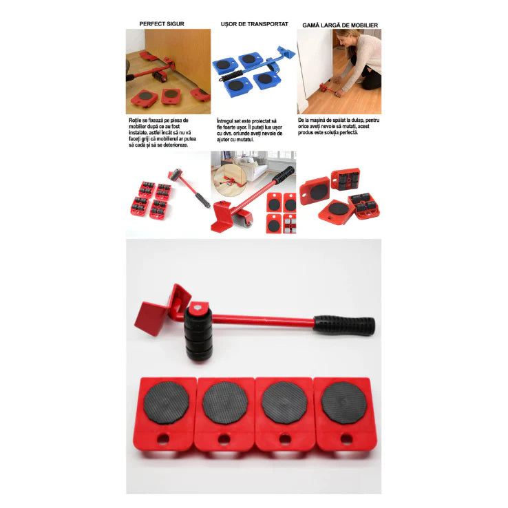 Set AT PERFORMANCE Echipament Pentru Mutat Mobila, Metal, Rosu, 5 Piese, Maxima 150 Kg